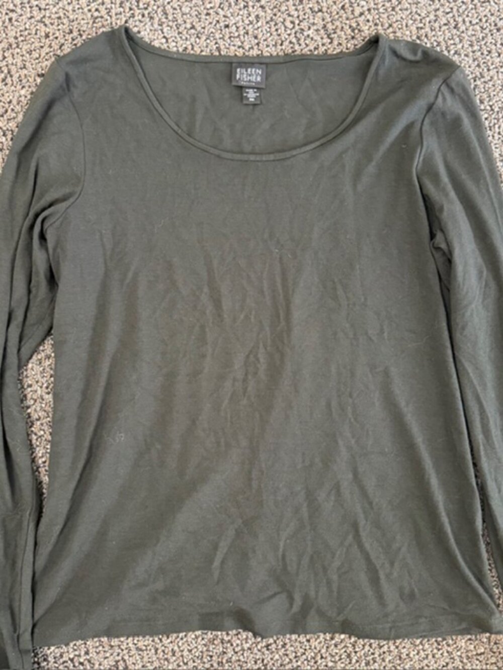 EILEEN FISHER Rayon/Lycra Long Sleeve Scoop Neck Olive Green Women's Top